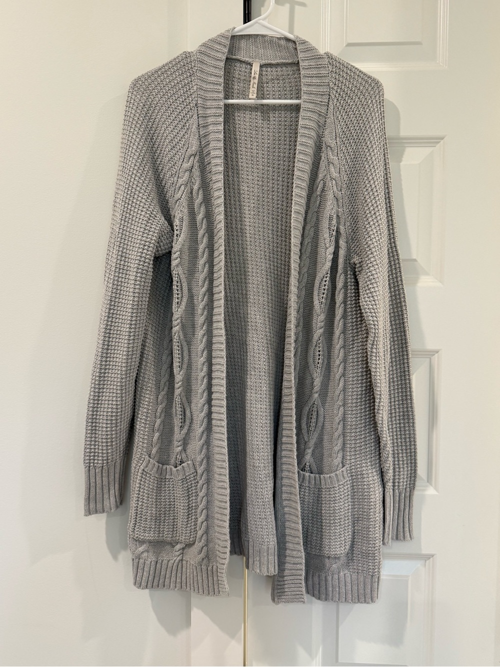 Light Gray Open-Front Cable Knit Women's Cardigan Sweater Leo & Nicole